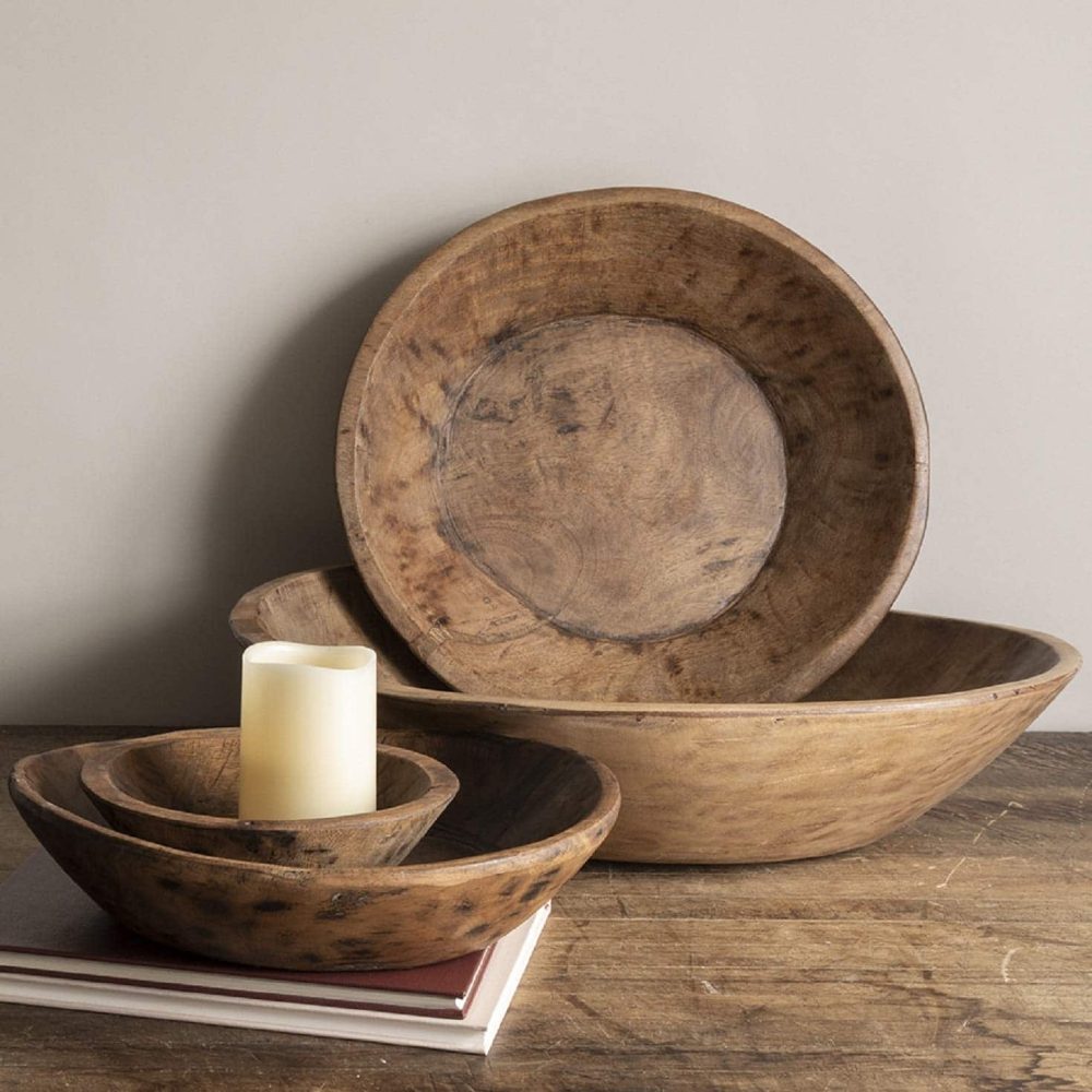 Found Dough Bowls – Natural shown in small, medium, and large sizes, stacked with a candle for decorative display