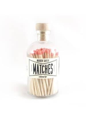 Coral tip colored matches in a Vintage Apothecary Style vessel.