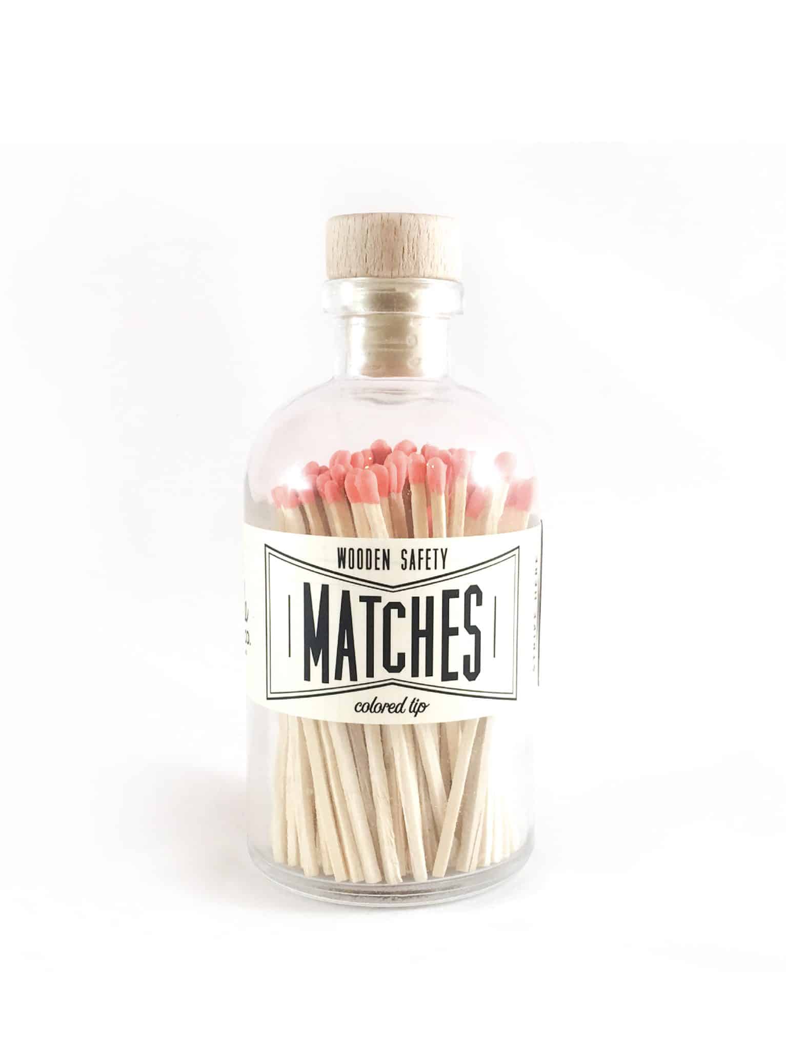 Coral tip colored matches in a Vintage Apothecary Style vessel.