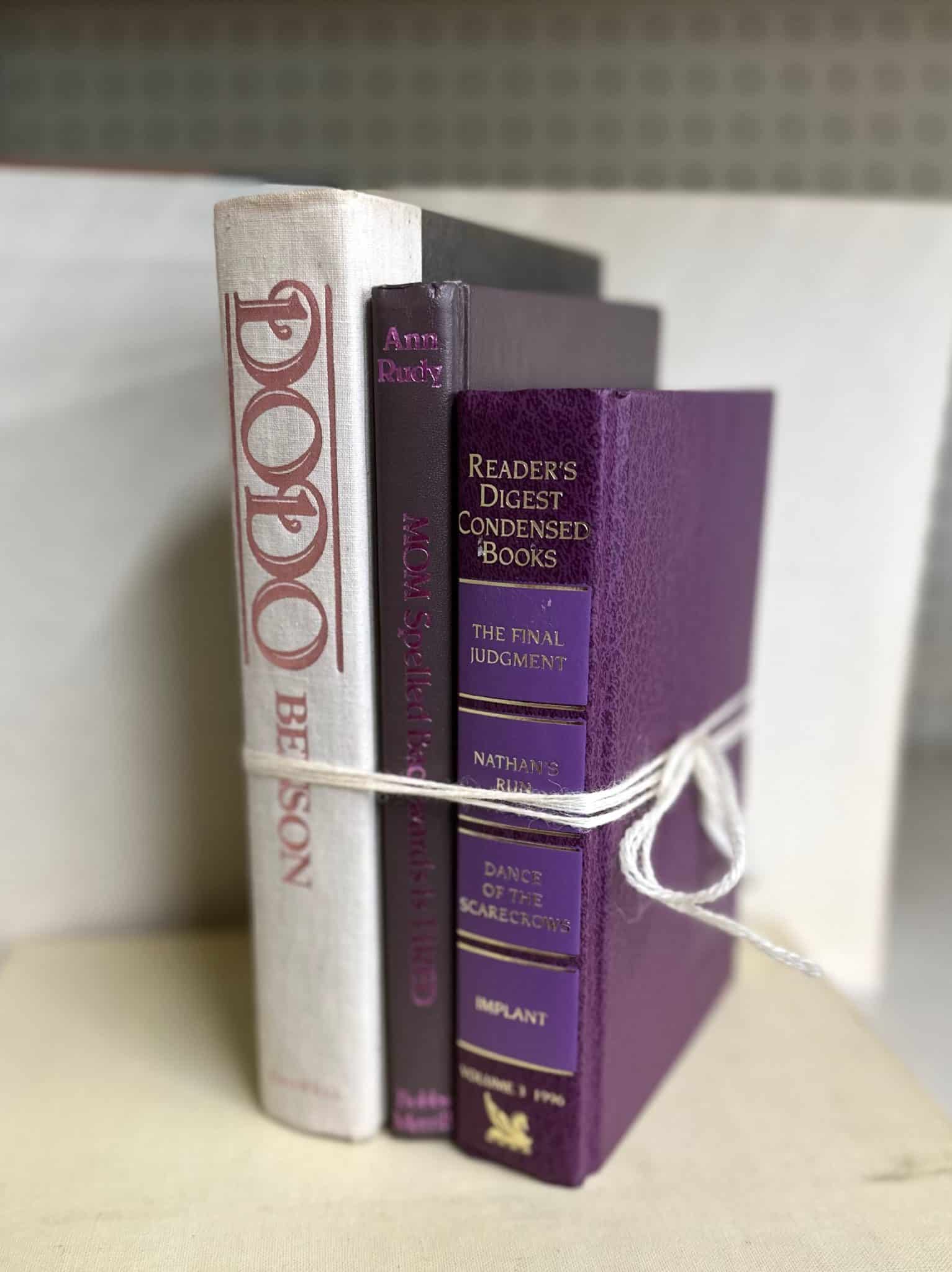 Bundle of vintage books featuring colorful and neutral covers, tied with twine