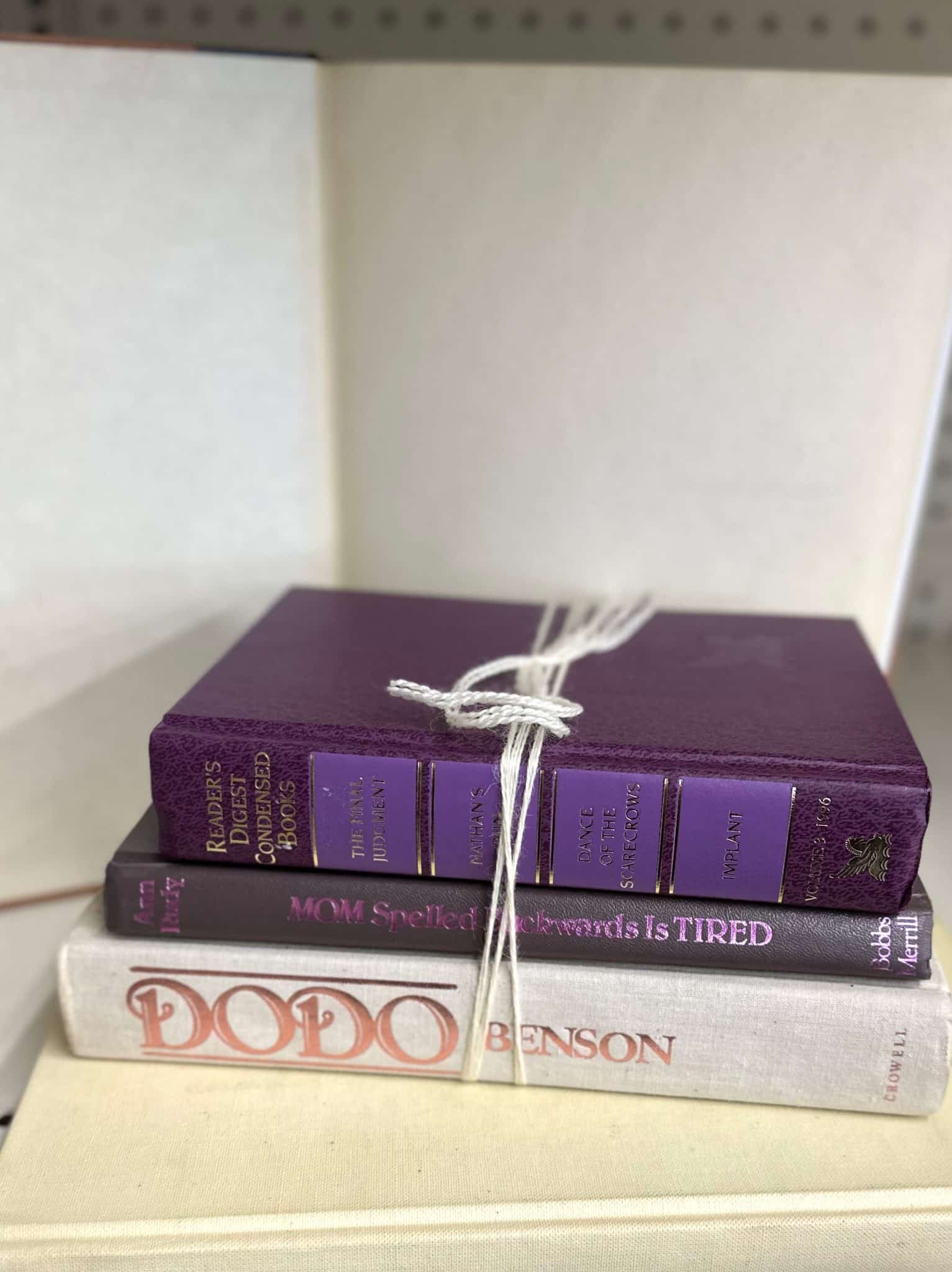 Decorative vintage books in modern eclectic colors tied together with string
