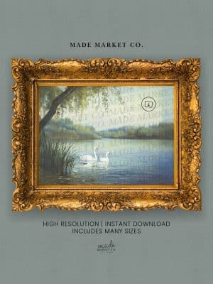 Digital swan lake art print in a gold antique-style frame with product info on gray background.
