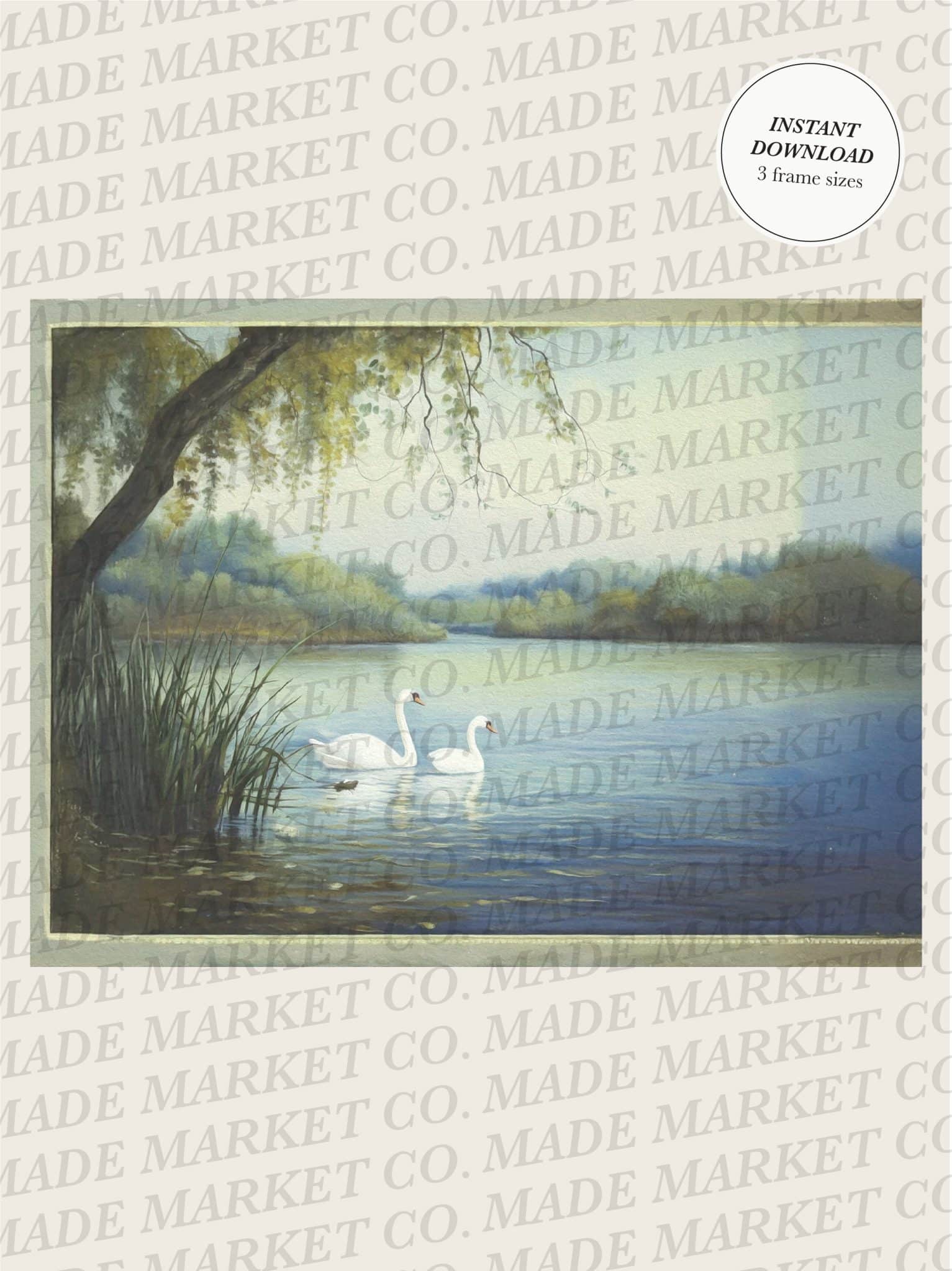 Painterly swans on a lake digital print shown in full with watermark and instant download tag.