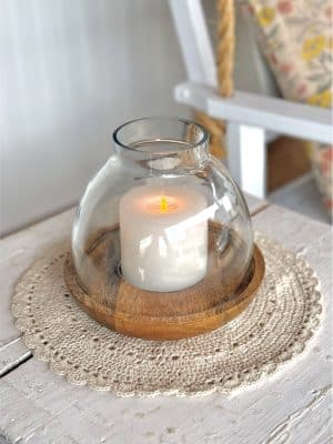Wood & Glass Hurricane Candle Holder Small straight on view on lace doily