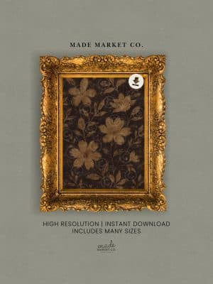 Moody floral digital art print in ornate gold frame, shown on a gray background with product details.