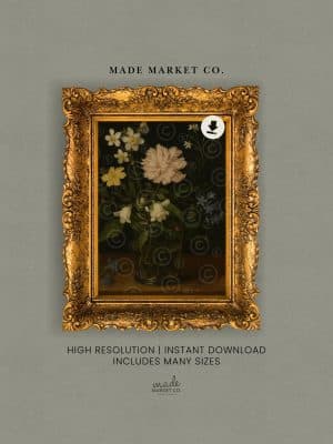 Vintage floral vase digital art print in ornate gold frame on gray background.