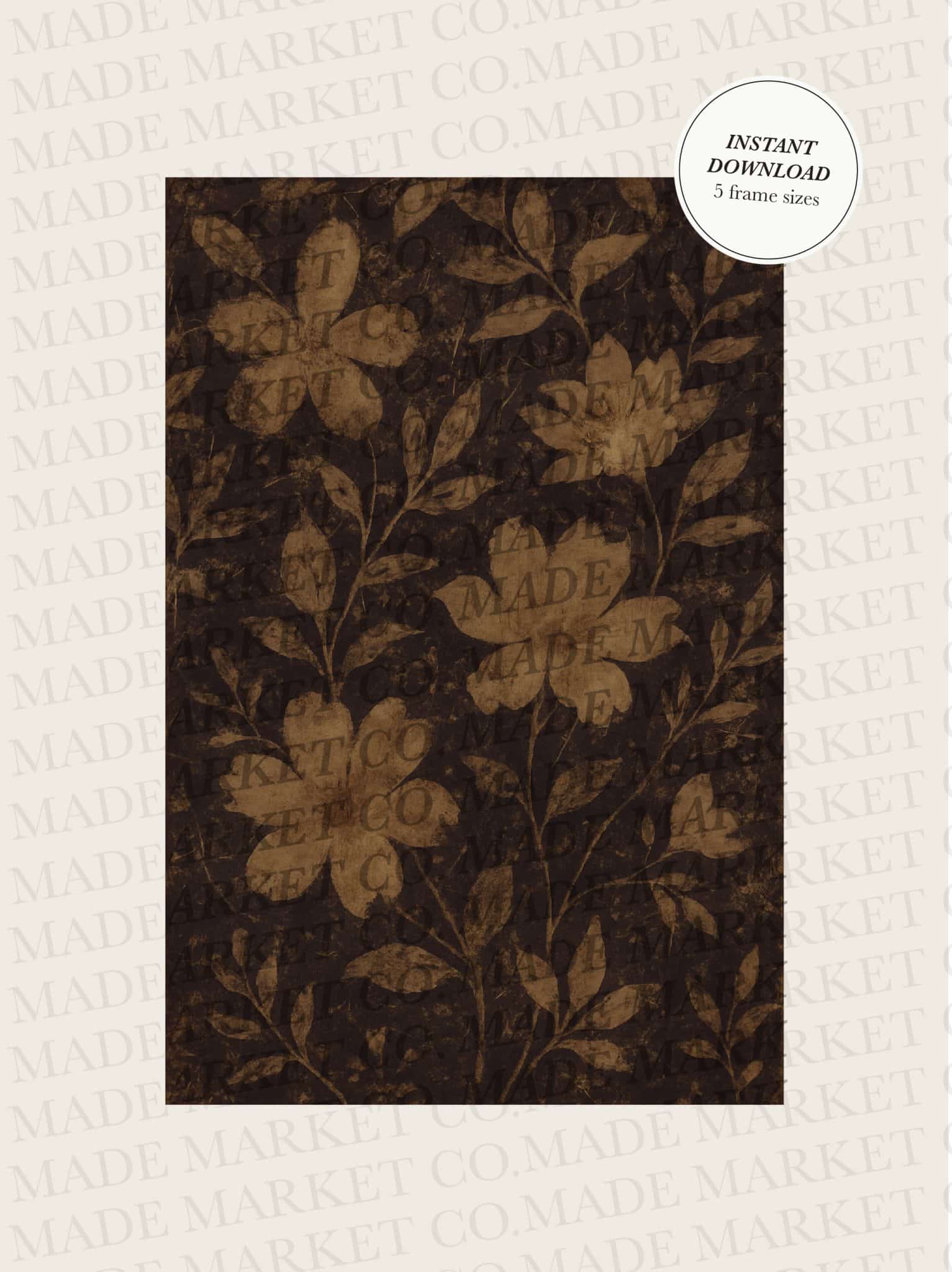 Moody floral pattern digital art print featuring large golden blooms on a dark background.