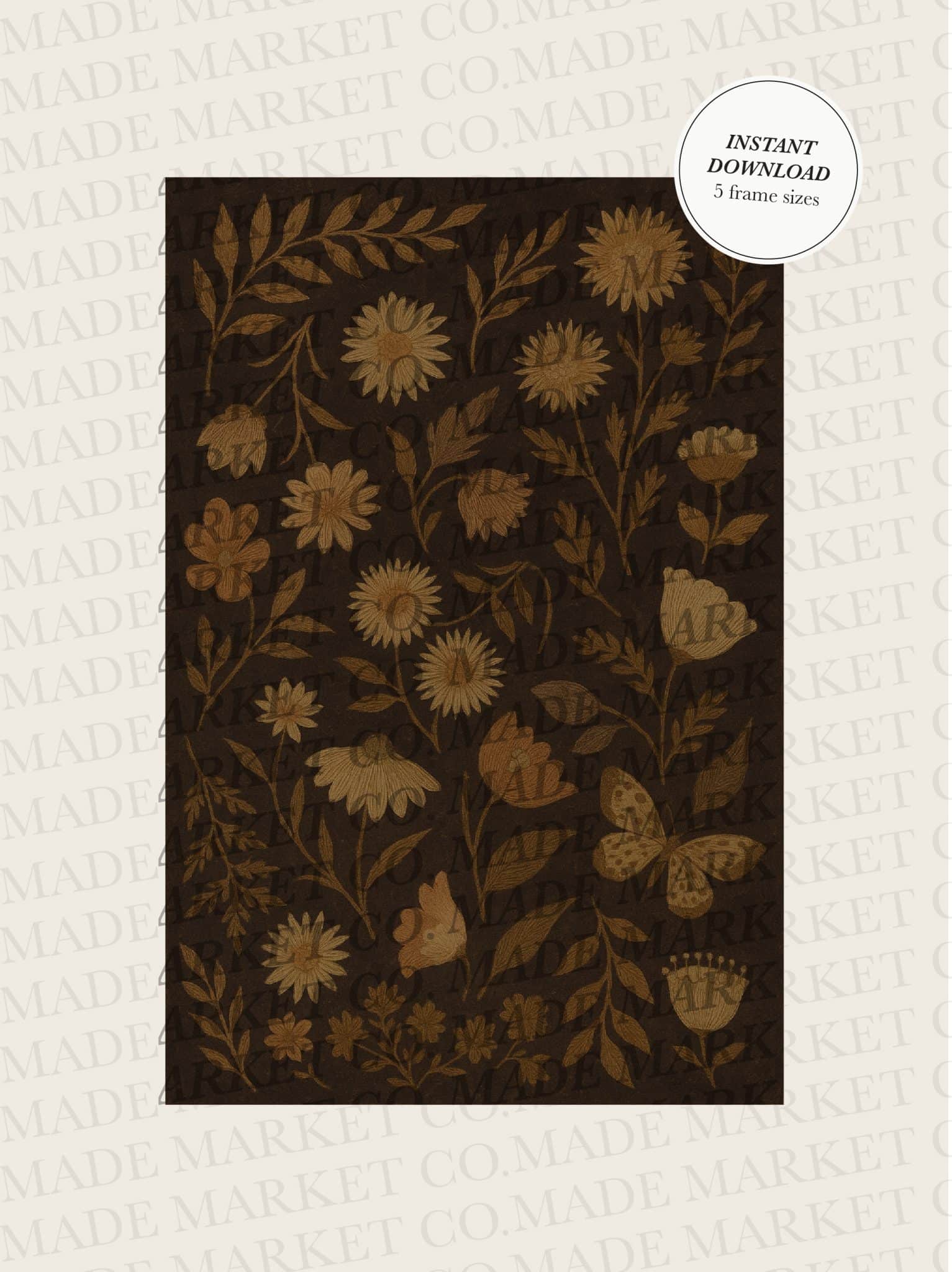 Cottage floral digital art print featuring golden flowers, leaves, and butterfly details on a dark background.