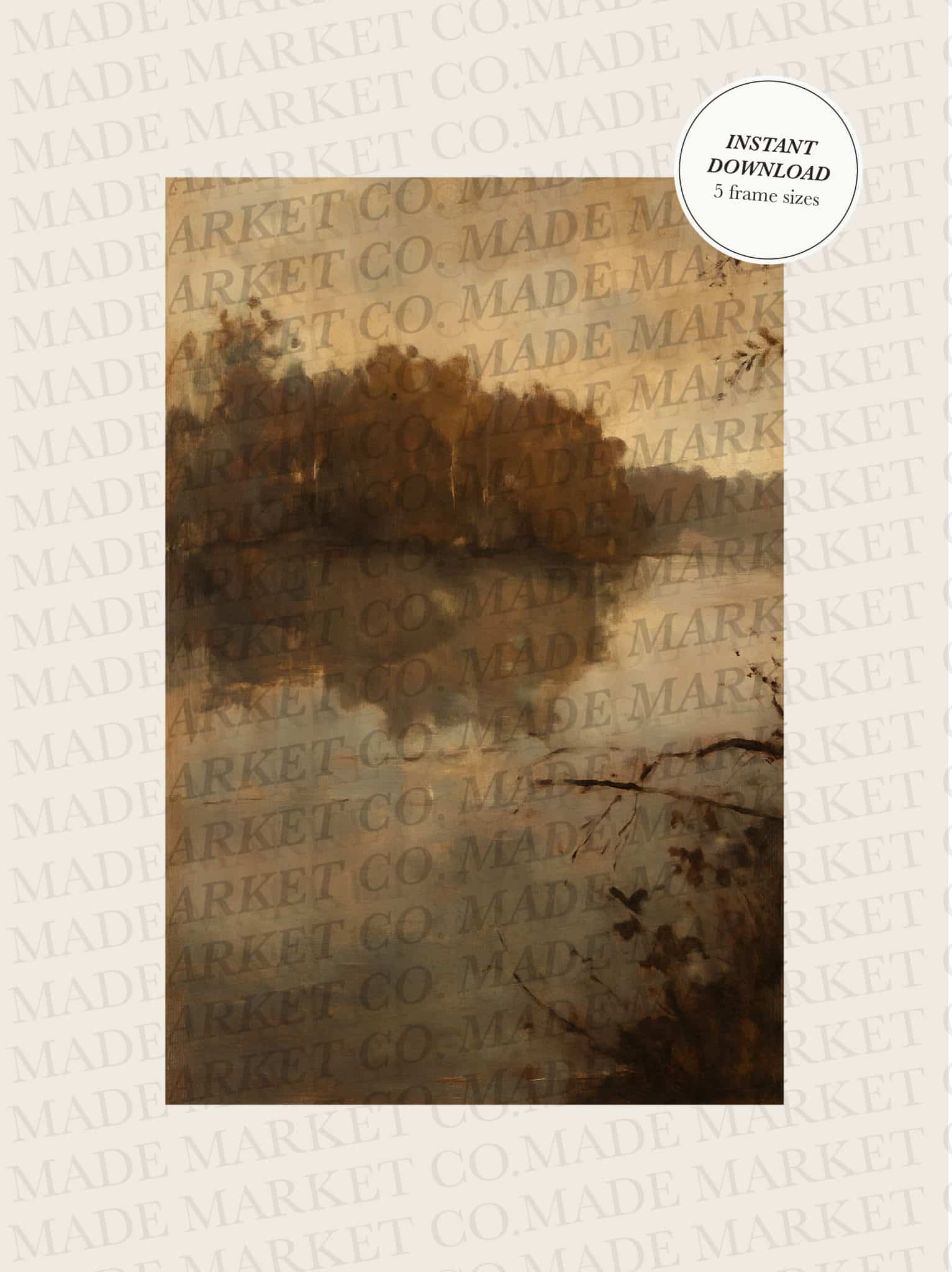 Full view of moody lake digital print featuring golden trees and still water reflections.