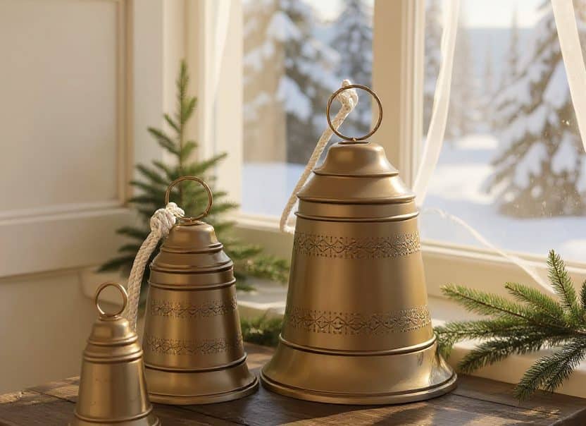 Set of three antique brass bells with braided rope hangers displayed on a rustic wood table with holiday greenery and a snowy window backdrop.