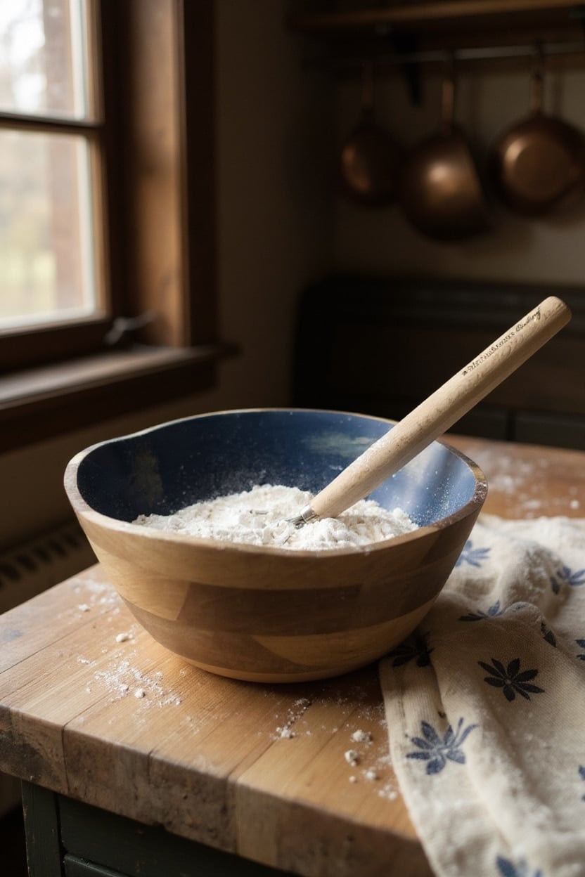 Large wood melamine splatter bowl with navy interior, filled with flour and a wooden mixing tool, styled on a rustic counter.