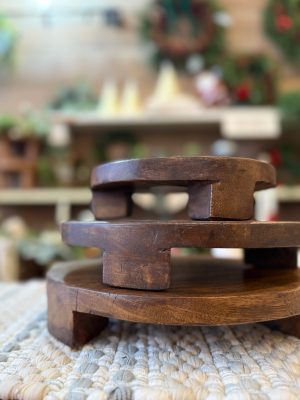 Side profile of the three Found Wood Pedestals showing varying heights and primitive legs.