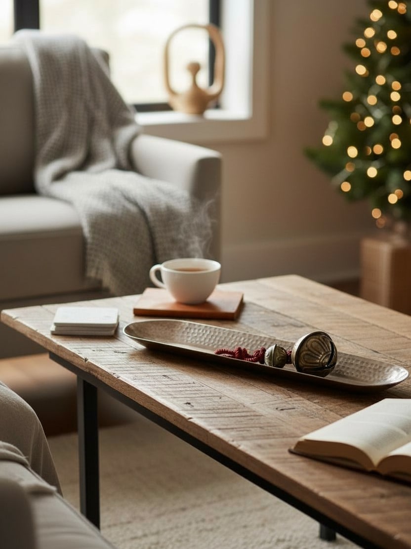 Brass Bread Bowl with brass bells resting on a rustic wooden coffee table next to a steaming cup of tea.