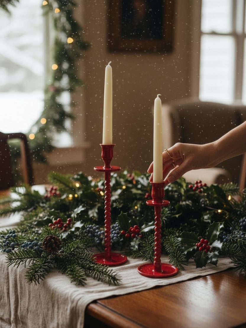 Red corkscrew taper candle holders styled on a holiday table with evergreen garland and lit ivory candles.