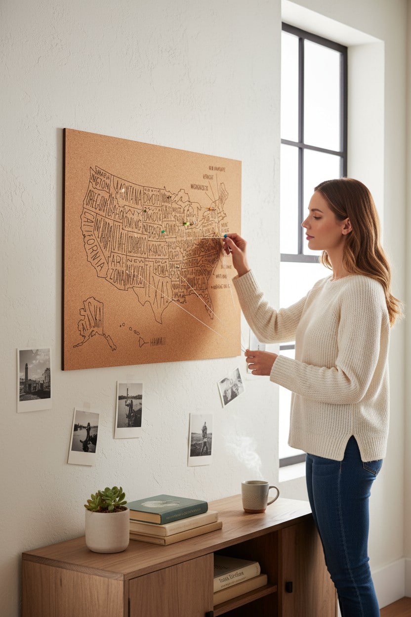 Corkboard Map USA displayed on a wall with pinned travel photos and keepsakes below it.