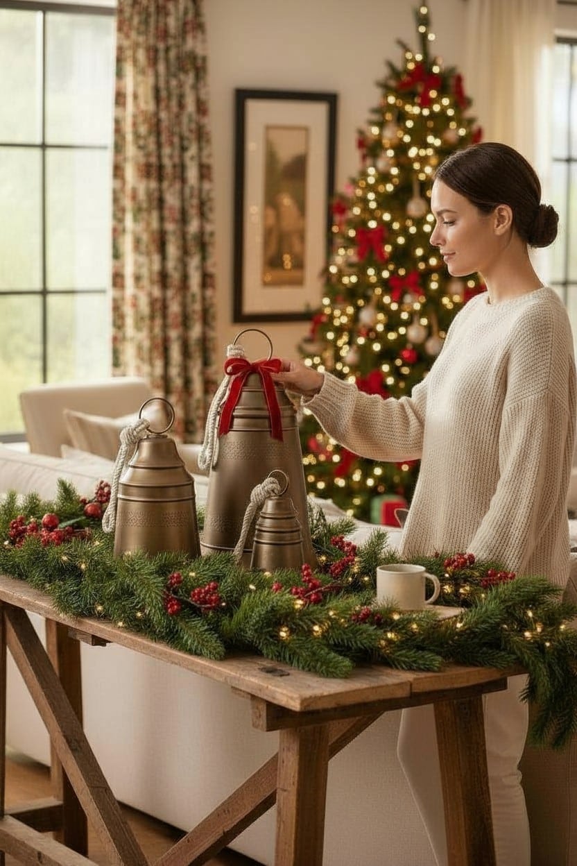 Antique Brass Bell Trio displayed on a holiday-styled console table with evergreen garland and red berries.
