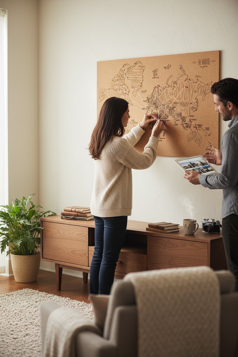 Couple adding pins and strings to a silk-screened Corkboard Map World mounted above a modern wood console in a bright living space.