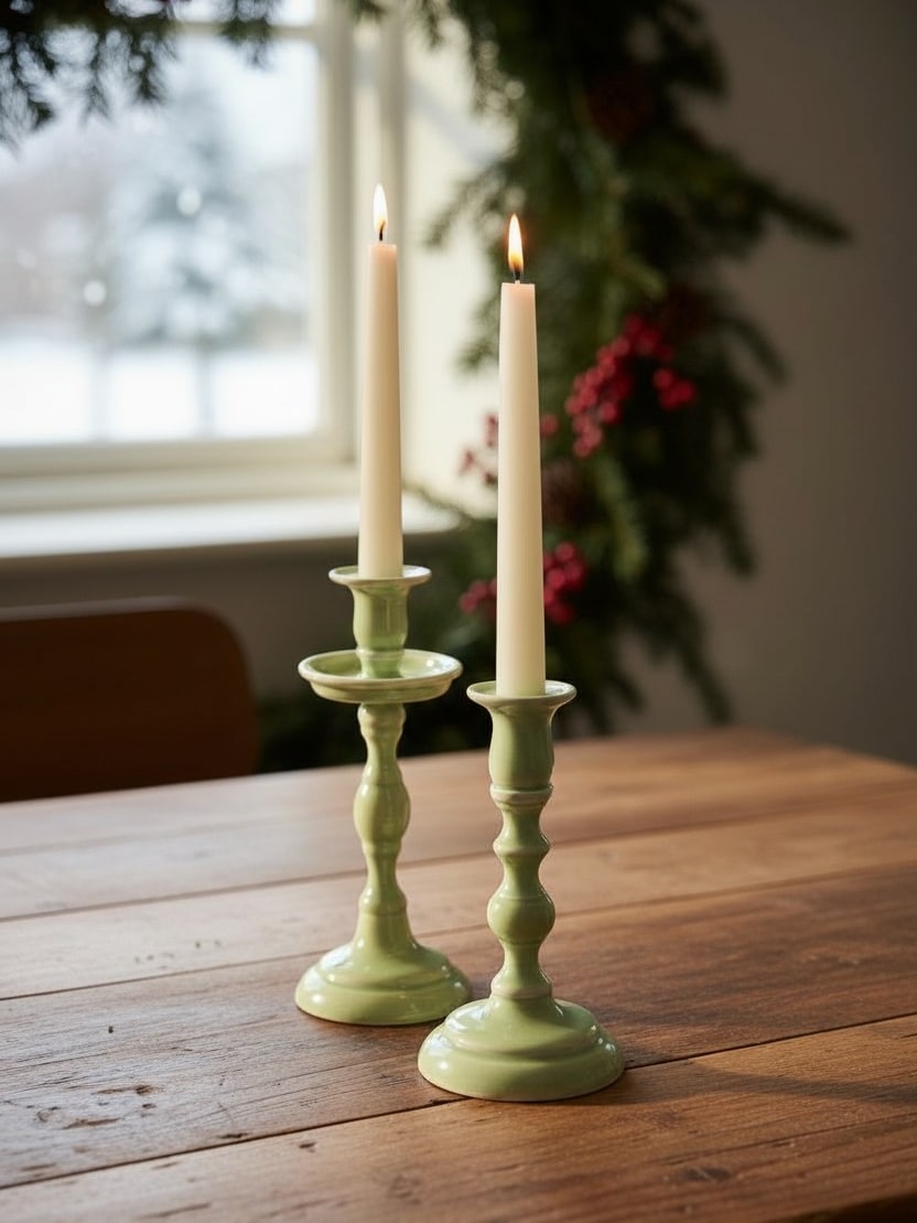 Medium and small Mint Empire Taper Candle Holders in mint green enamel holding tapers on a wooden table.