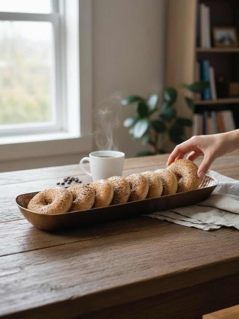 Brass Bread Bowl lined with fresh bagels on a wooden dining table with a cup of coffee in the background.