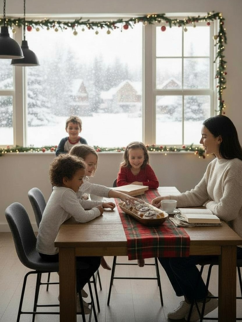 Brass Bread Bowl filled with fresh cinnamon rolls on a wooden table with soft winter light in the background.