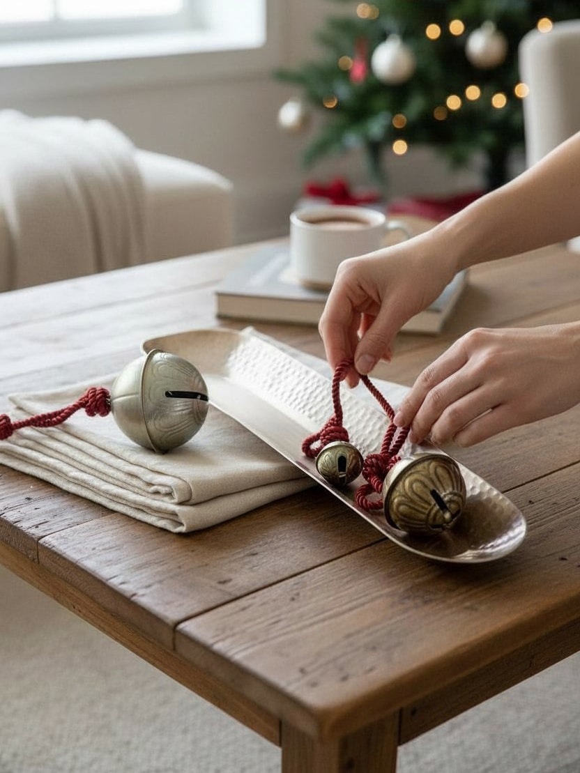 Brass Bread Bowl holding a set of brass jingle bells with red rope accents on a wooden table.