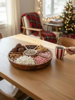 Warm wood serving tray filled with holiday treats on a dining table.