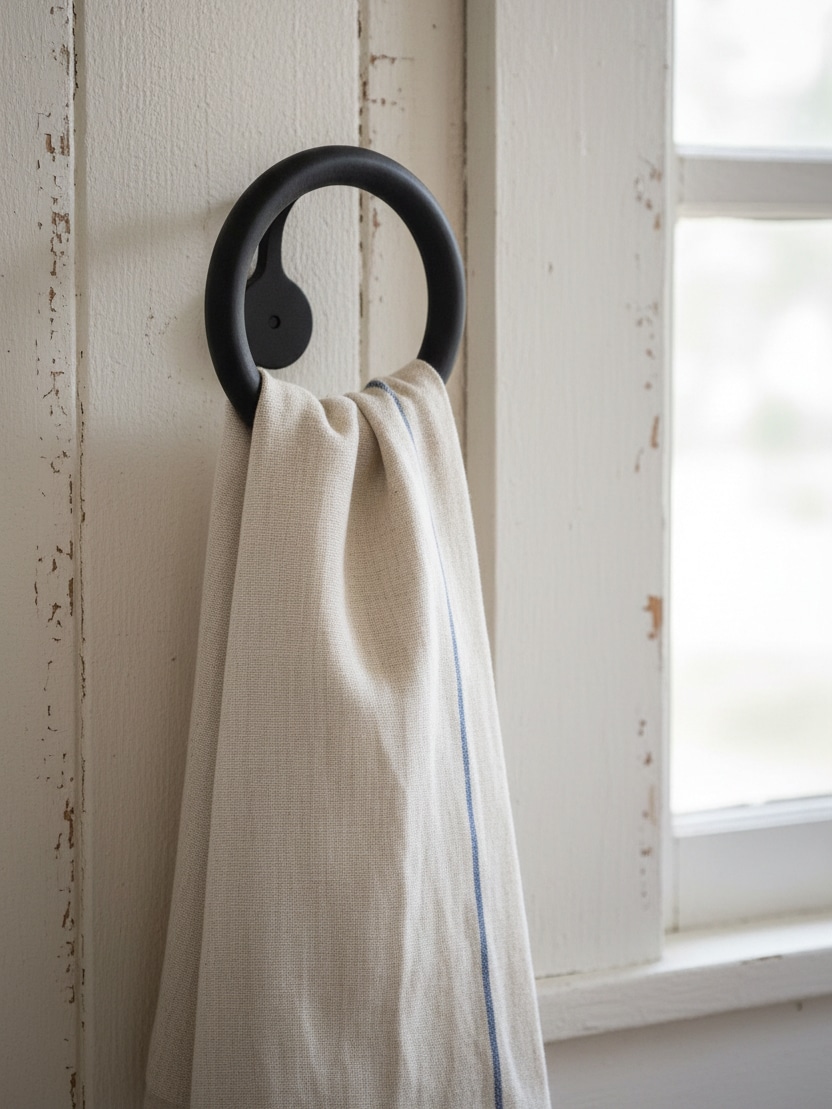 Close-up of a matte black round wall hook holding a neutral towel on a distressed white wall.
