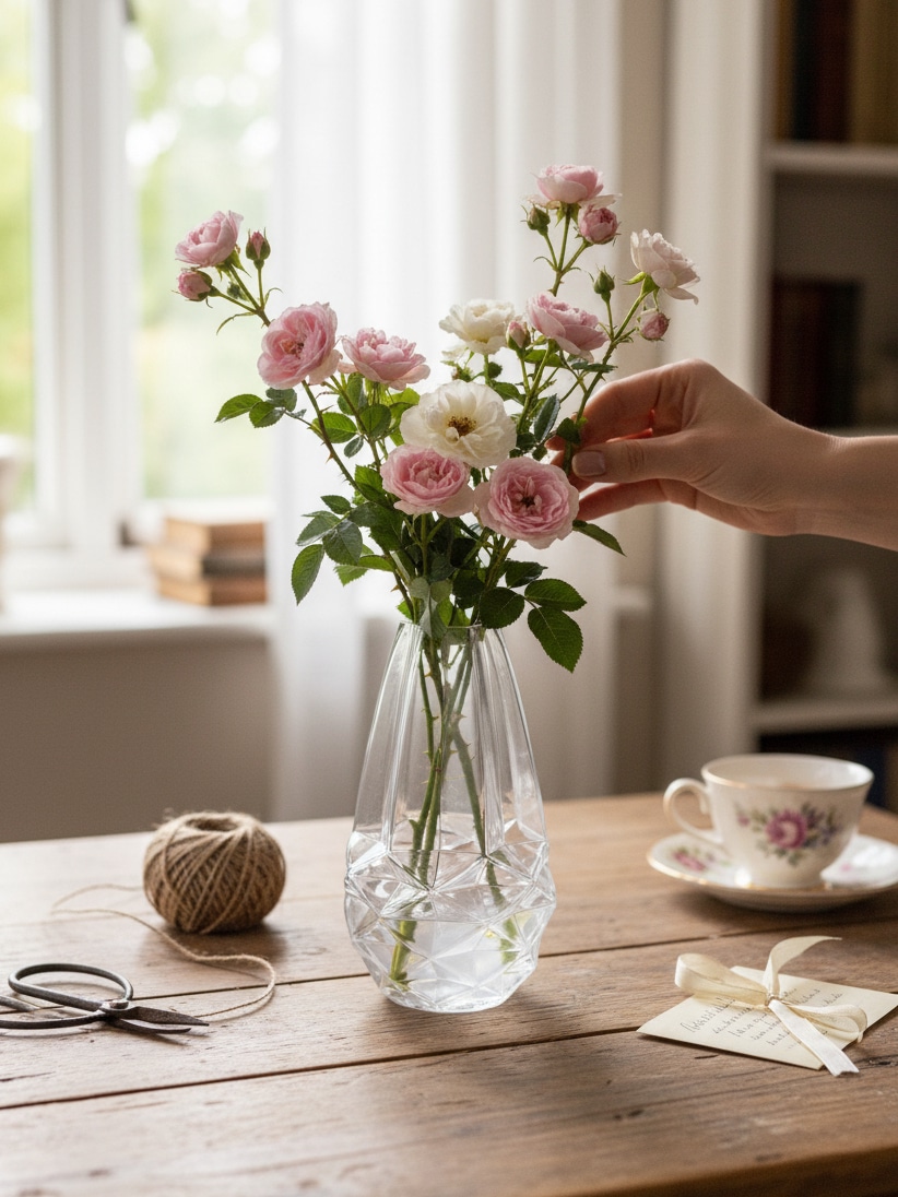 Clear faceted frosted glass vase with a clover-shaped opening, styled with soft pink blooms on a wooden table by a window.