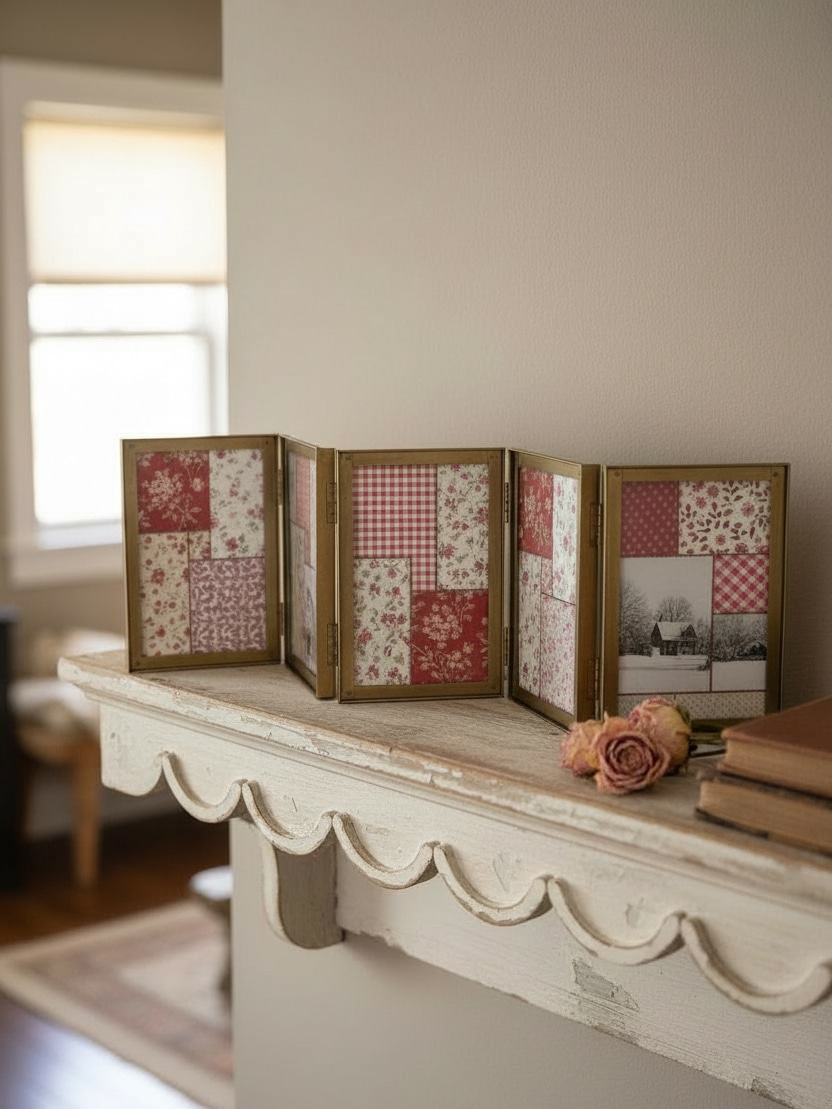 Oversized hinged gold photo frame with five 4x6 panels featuring red patchwork prints and a vintage winter photo, styled on a distressed white shelf with dried roses and stacked books.