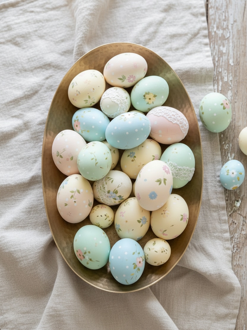 Oval brass platter with pastel speckled eggs styled on soft neutral fabric for spring entertaining.