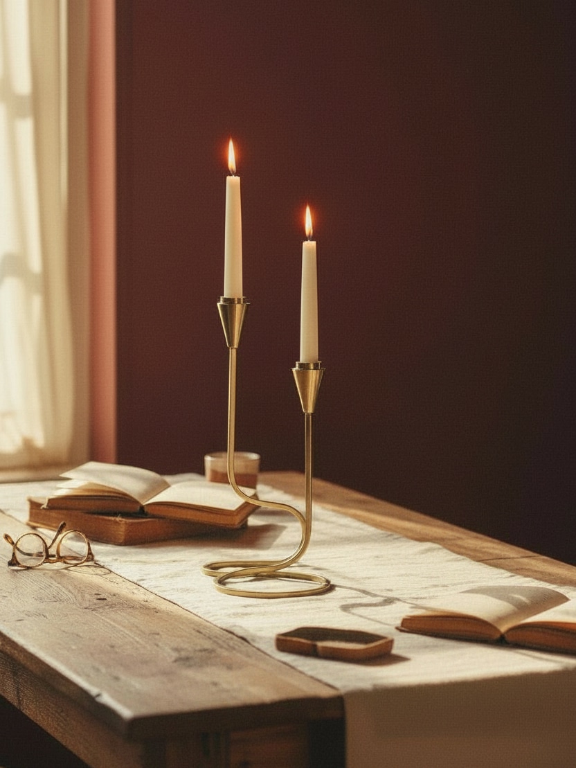 Two ivory taper candles in a gold loop taper candle holder on a wooden table with books in a warm, moody room.