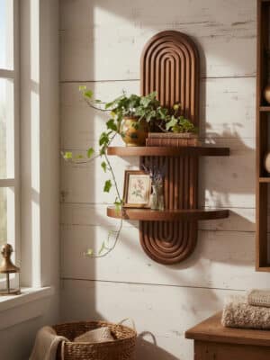 Arched mid-century style wood wall shelf with carved grooves, holding a small plant, framed art, and decor in a sunlit corner.