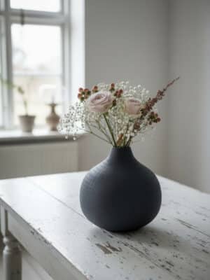 Matte black textured round metal vase styled with soft blush roses and airy white filler stems on a distressed white table near a window.