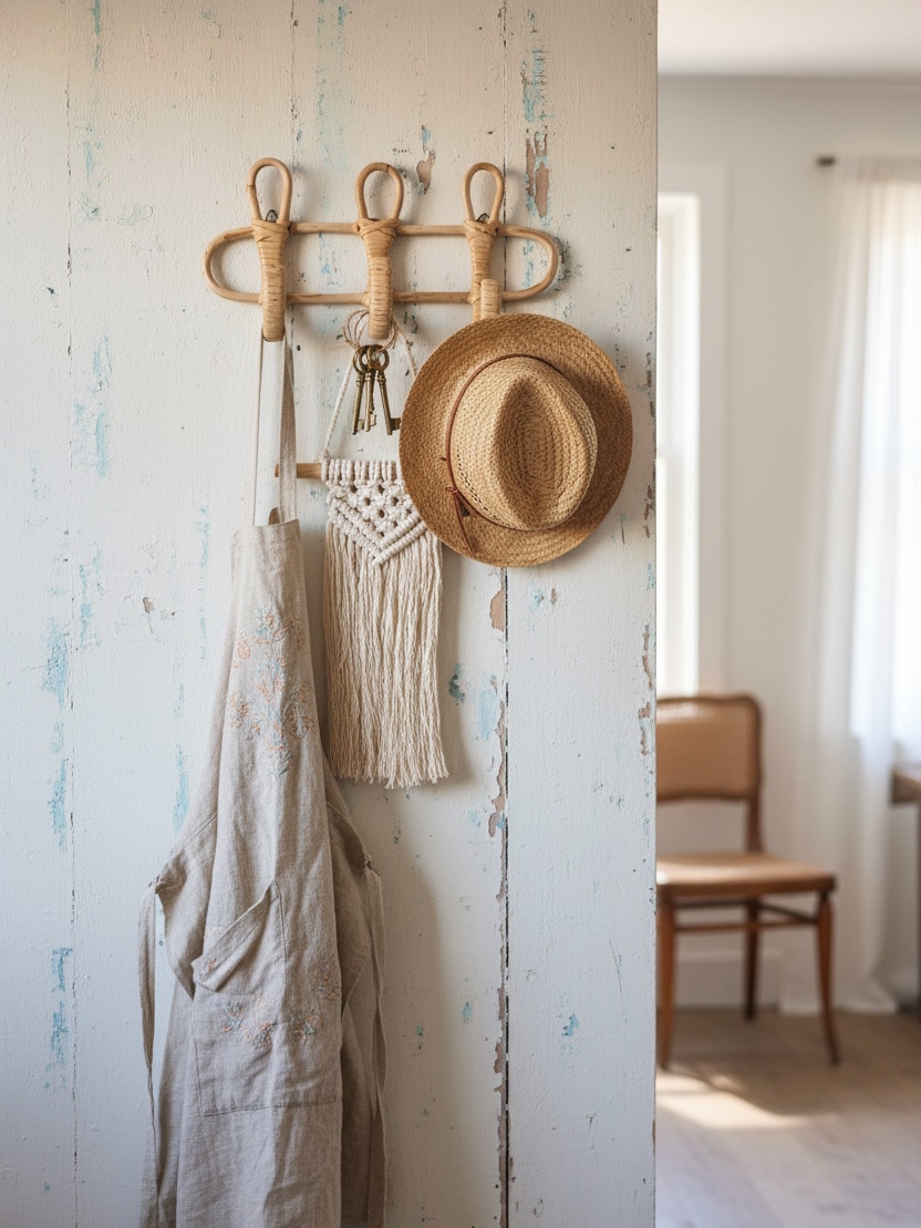 Rattan Wall Hanging Hooks holding a straw hat and layered with a cream macrame wall hanging in a light-filled cottage interior.