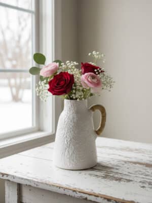 Speckled off-white pitcher vase with a rattan-wrapped handle, styled with red and pink flowers on a distressed white table by a window.