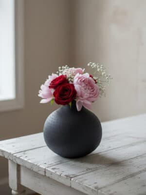 Matte black textured round vase styled with a petite bouquet of pink and red blooms on a distressed white table near a window.