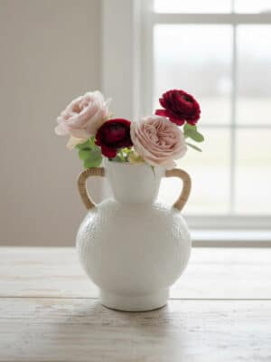 Off-white textured pitcher vase with two rattan-wrapped handles, filled with blush and red flowers on a rustic table in front of a bright window.