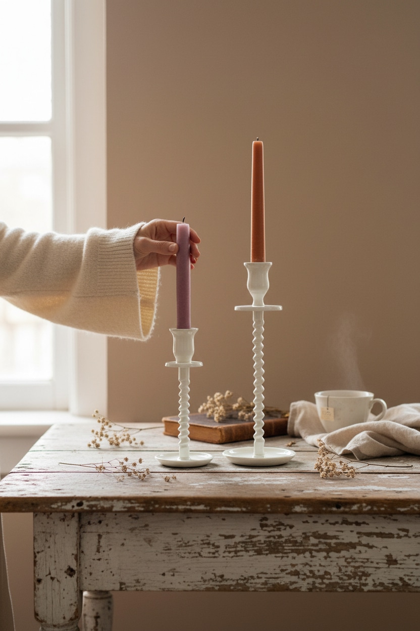Hand placing an Evoke taper candle into an off-white corkscrew taper candle holder, with the small and large holders styled on a tabletop.