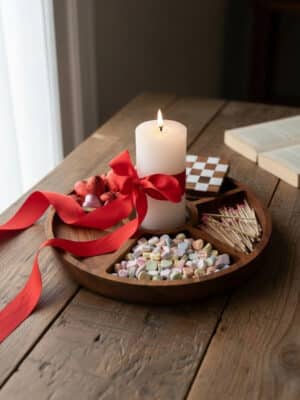 Small divided round wood tray styled with candy, matches, a pillar candle, and red ribbon on a rustic wood table near a window.