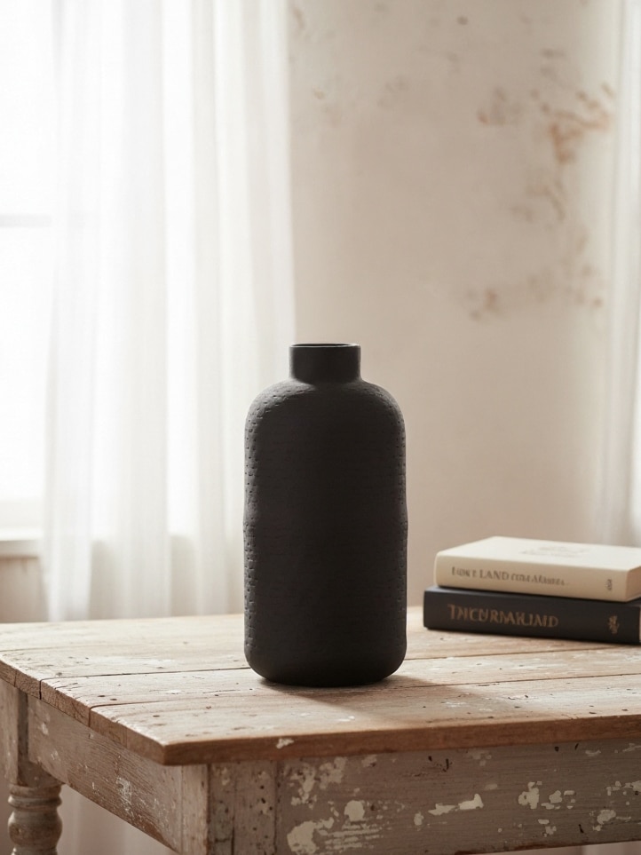Matte black textured oblong metal vase displayed empty on a rustic wood table beside a small stack of books in natural light.