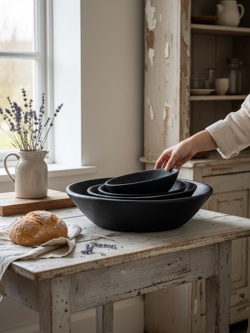 Found Dough Bowl Dark Wash nested set on rustic table with hand placing a smaller bowl in the stack.