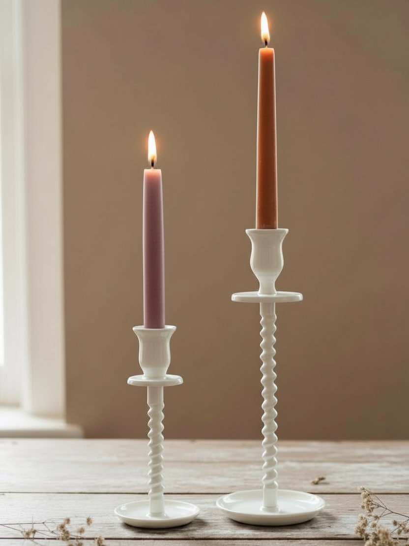 Off-white corkscrew taper candle holders in two heights styled on a table near a window with Evoke taper candles in warm neutral tones.