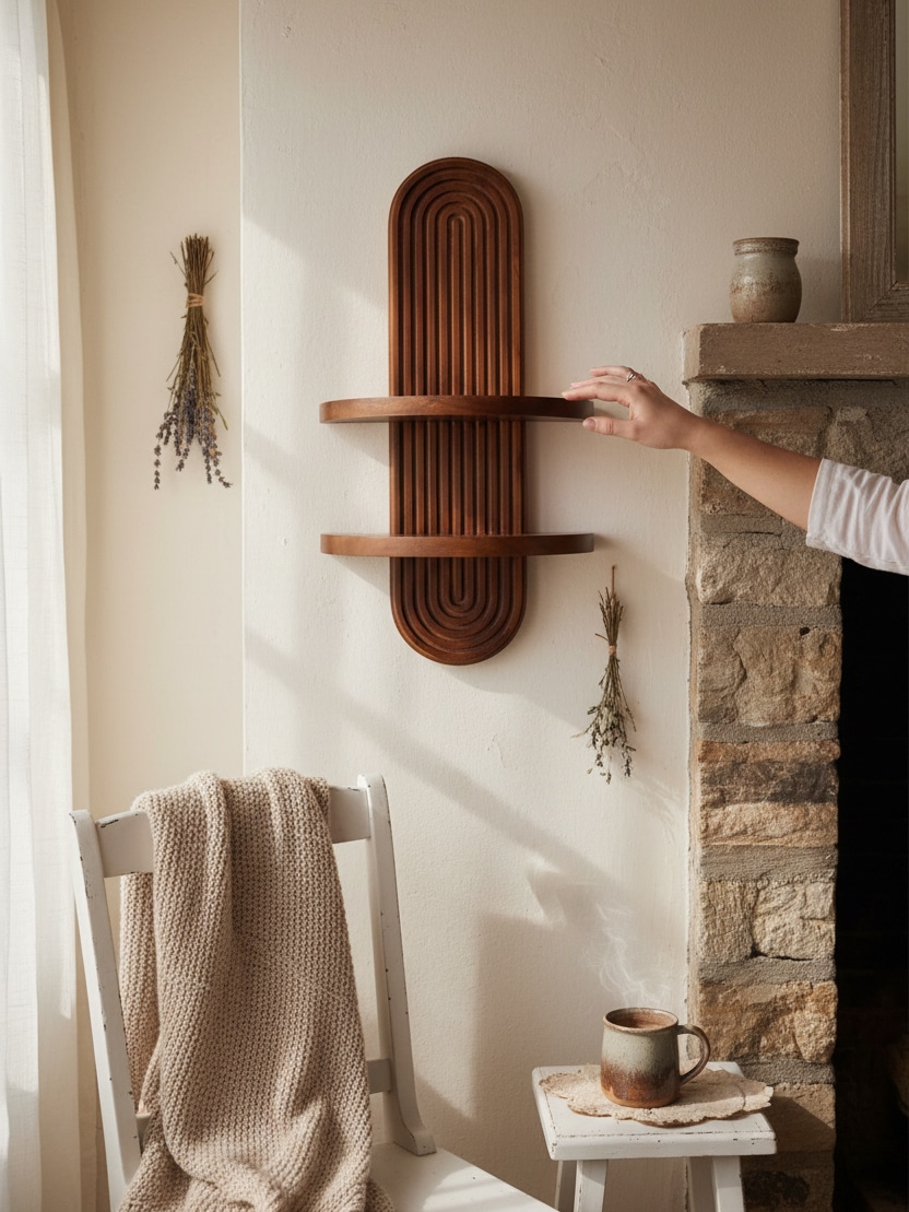 Arched wood wall shelf with fluted back panel and two curved shelves being mounted on a bright wall near a fireplace.