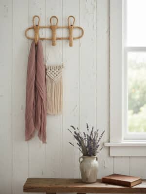 Rattan Wall Hanging Hooks styled with a cream macrame wall hanging and soft blush scarf on a white cottage wall.