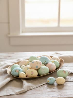 Hammered oval brass platter filled with pastel decorative eggs near a sunlit window.