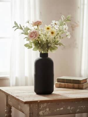 Matte black textured oblong metal vase styled with a light mixed bouquet on a rustic wood table with soft window light.