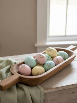 Crafted Dough Bowl Large Handles filled with pastel decorative eggs in a long hand-carved wood bowl