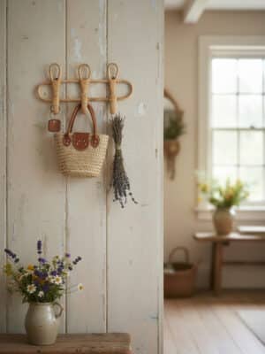 Hand-wrapped rattan wall hanging hooks with three hooks holding a woven basket and hanging greenery