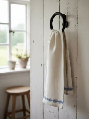 Neutral linen towel hanging from a matte black round metal wall hook on a white shiplap wall in a bright room.