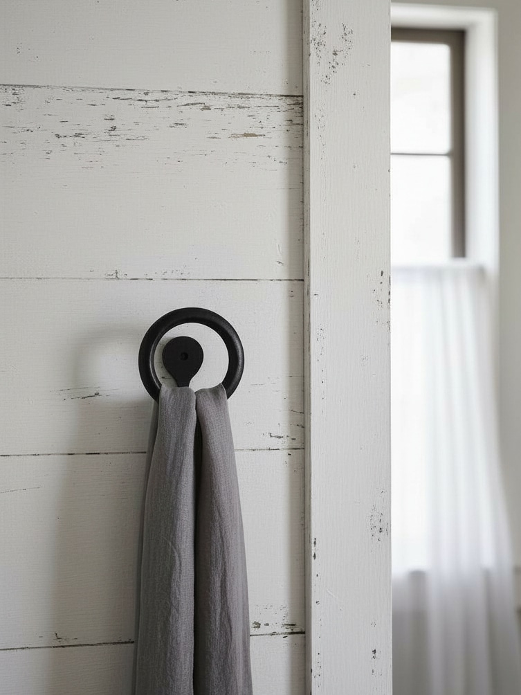 Gray towel hanging from a small matte black round wall hook on a white paneled wall near a window.